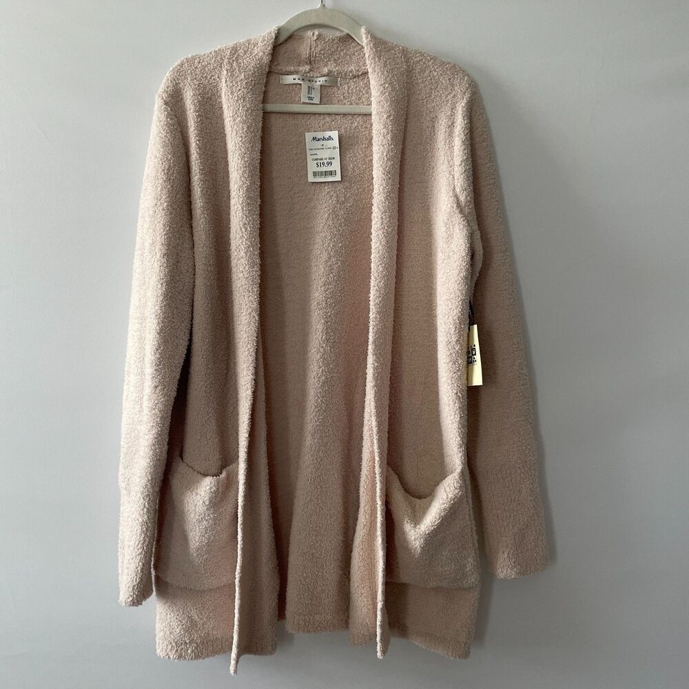 Max Studio Women’s Size L Blush Pink Fuzzy Open Front Cardigan with Pockets NWT